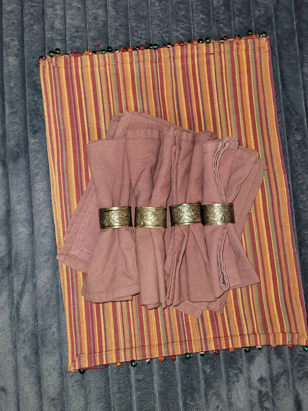 Pier 1 Rust Cloth Napkins with Striped Multicolor Beaded Runner And Napkin Rings